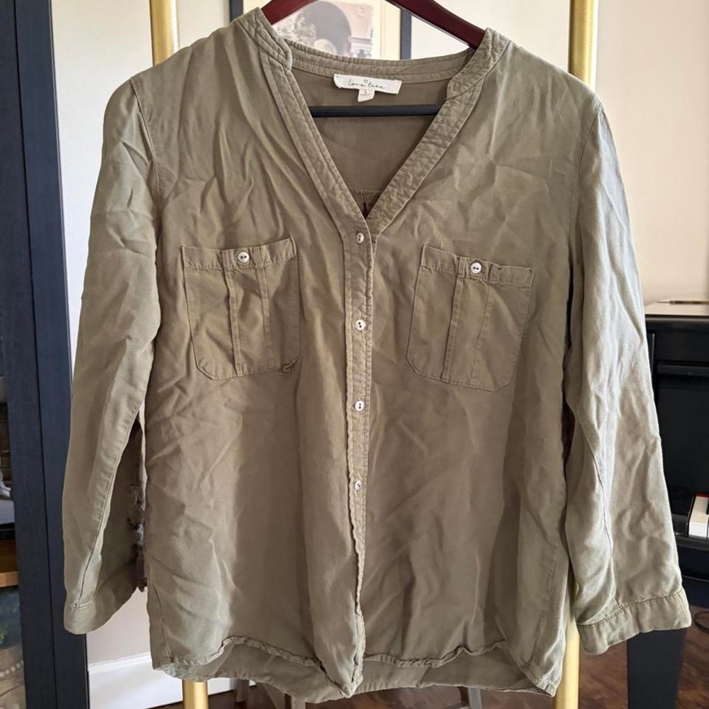 Olive green utility button up V-neck top V-neck viscose granola Indie